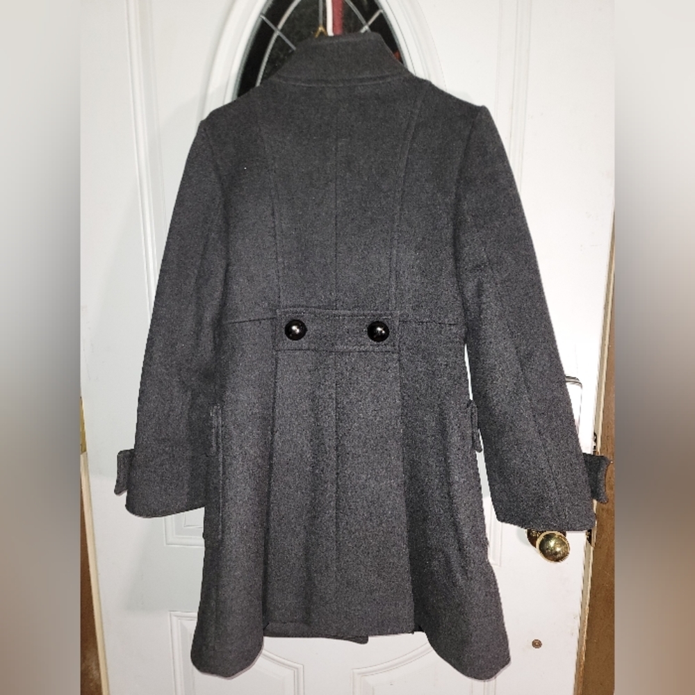 Sandra Angelozzi Charcoal Double Breasted Gray Pea Coat 100% Size 10 Woo…